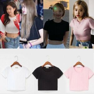    Kpop Blackpink Navel T-shirt Lisa Jennie Jisoo Short Sleeve Tshirt Cotton TEE