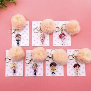 Stan - חנות ה-Merchandise למעריצים מכל הסוגים BTS Kpop JK V SUGA JIMIN JIN JH RM Cartoon Figure Keychain With Plush Ball Keyring