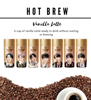 כוסות המכילות קפה לאטה ווניל בעיצוב של ביטיאס BTS אר-אם ג'ין שוגה ג'ייהופ ג'ימין ווי ג'אנגקוק