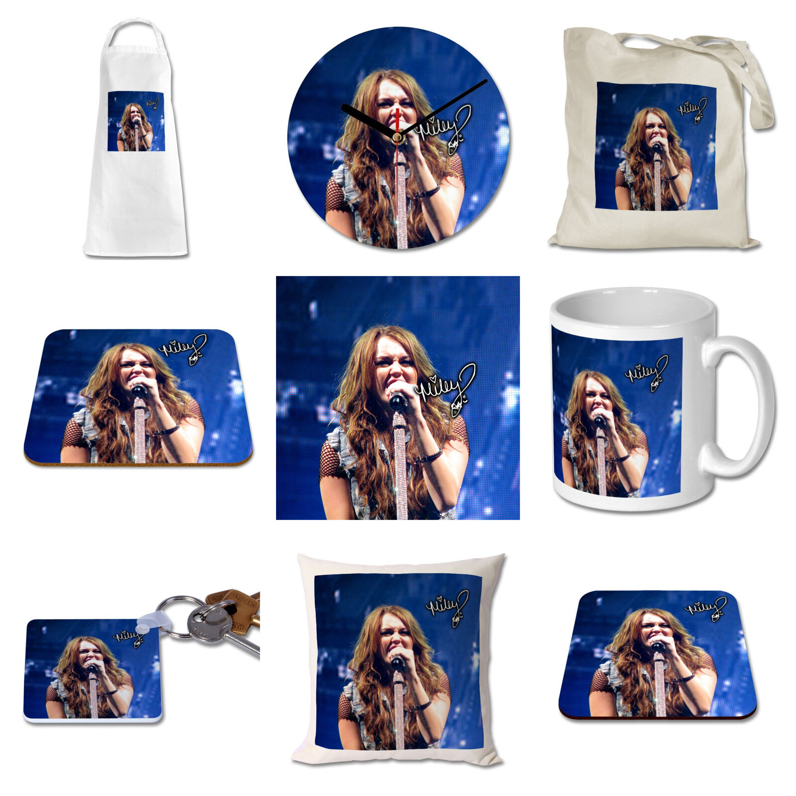 Stan - חנות ה-Merchandise למעריצים מכל הסוגים מיילי סיירוס והאנה מונטנה Miley Cyrus 3 Gift Mug Cushion Clock Magnet Coaster Keyring Apron Set