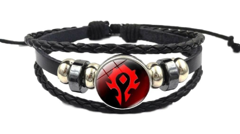 Stan - חנות ה-Merchandise למעריצים מכל הסוגים Blizzard World of Warcraft Horde Logo Glass Domed Braided Leather Bracelet